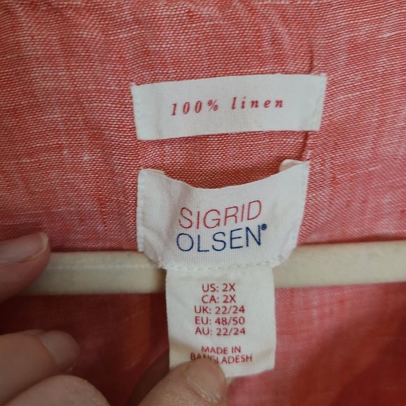 Sigrid Olsen Womens 2X Orange Linen Half Button Up Long Roll Tab Sleeves Shirt - Picture 5 of 6